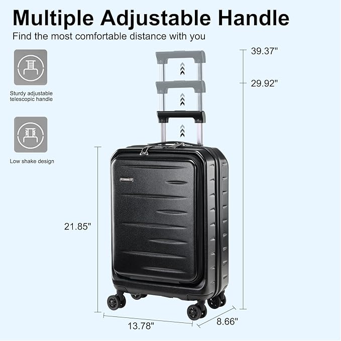 Carry On Luggage 22×14×9 Airline Approved, 20 Inch Lightweight ABS+PC Hard Shell Suitcases with Front Pocket, Spinner Wheels, TSA Lock (Black, 1PC)
