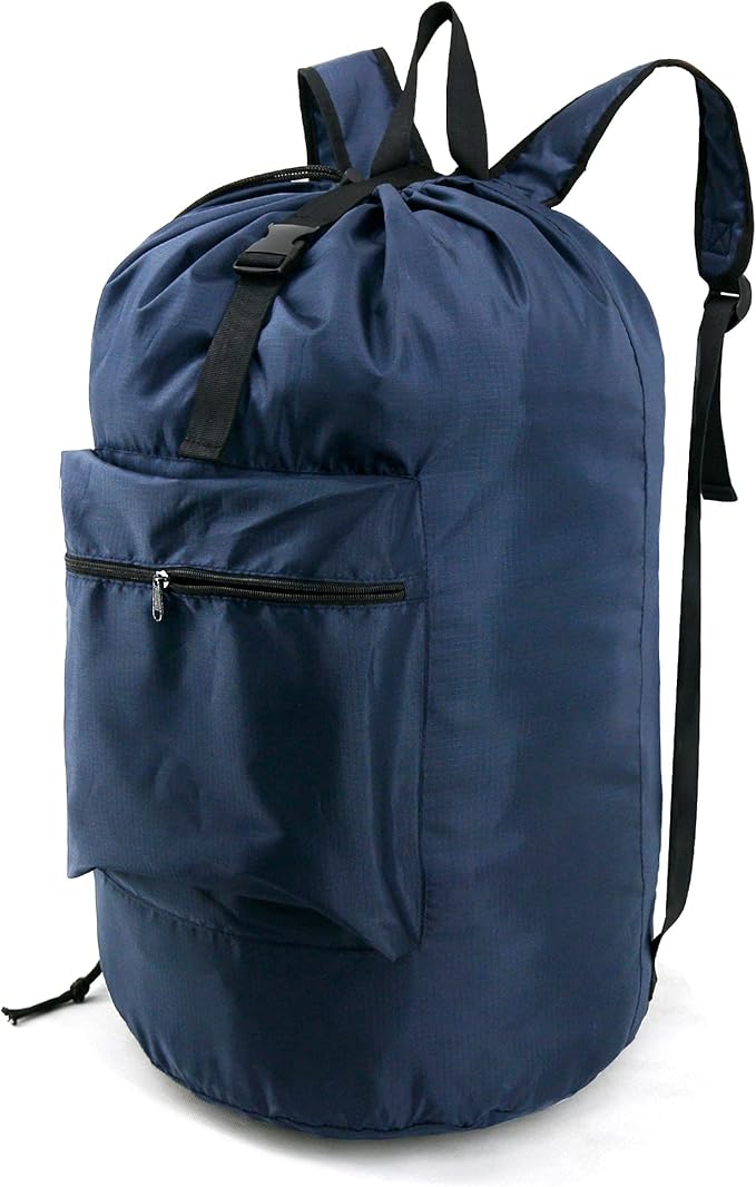 BeeGreen Navy Blue Travel Laundry Bag w Drawstring & Handle College Dorm Room Essentials w Adjustable Shoulder Straps Washable Sturdy Laundry Hamper Sack Dirty Laundry Travel Bag for Camping