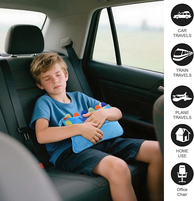 3 in 1 Travel Pillow and Blanket Set for Kids,Soft Travel Blanket Airplane Campact with Bag,Pillow Blanket for Boys with a Pocket,Backpack Clip, Luggage Sleeve (Dinosaur)