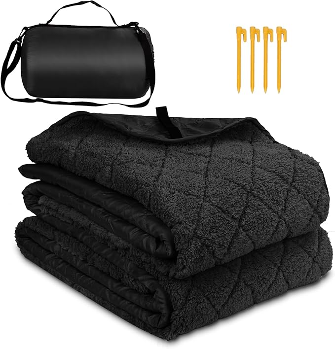 Northroad Waterproof Outdoor Blanket w/Sherpa Lining, Large Windproof Camping Blankets for Cold Weather, Light Weight and Warm for Stadium, Hiking, Dog, Picnic, Washable, 67”X 87” (Black, 1PCS)
