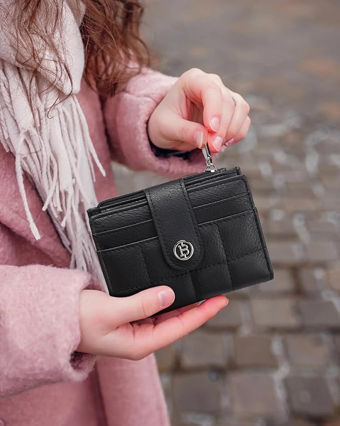 BOSTANTEN Small Wallet for Women Leather RFID Blocking Card Holder Bifold Compact Wallets With Zipper Coin Pocket Black