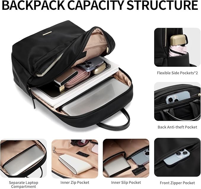 GOLF SUPAGS Laptop Backpack for Women Slim Computer Bag Work Travel College Backpack Purse Fits 15.6 Inch Notebook (Black)