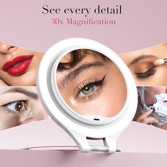 Magnifying Mirror with Light 30X/1X, Double Sided travel mirror with light, Rechargeable makeup mirror with 3 color setting Adjustable stand Lighted mirror Vanity Portable Desk Cosmetic Mirror