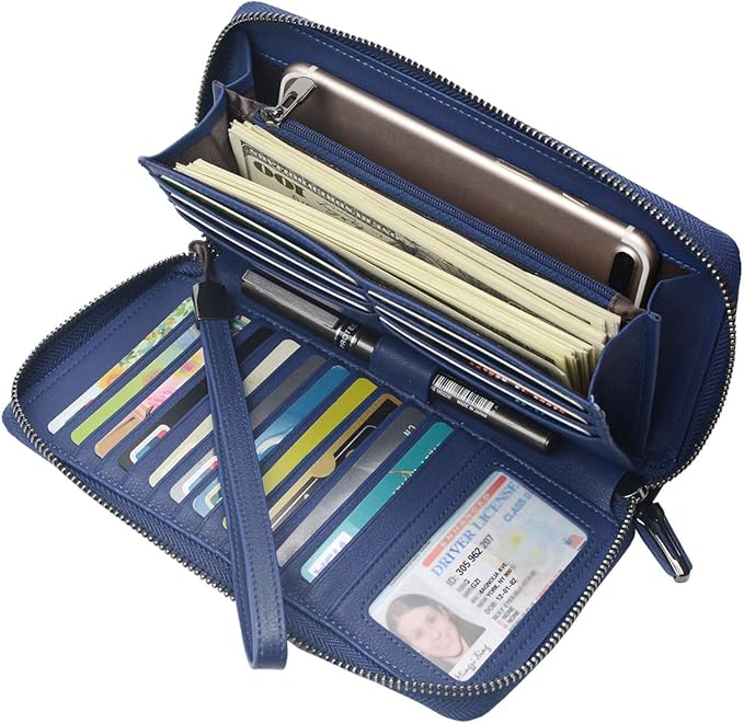 Bveyzi Women RFID Blocking Wallet Leather Zip Around Phone Clutch Large Capacity Ladies Travel Purse Wristlet | RFID Blocking, Zip Around, Large Capacity