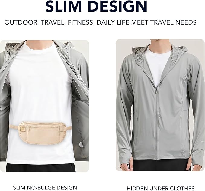 Money Belt for Travel with Anti-Theft RFID Blocking Cards Cover, Phone Wrist Strap, Passport Holder, Slim Waist Wallet Men Women, Money Pouch under Clothes for Travel, Running, Hiking, Beige