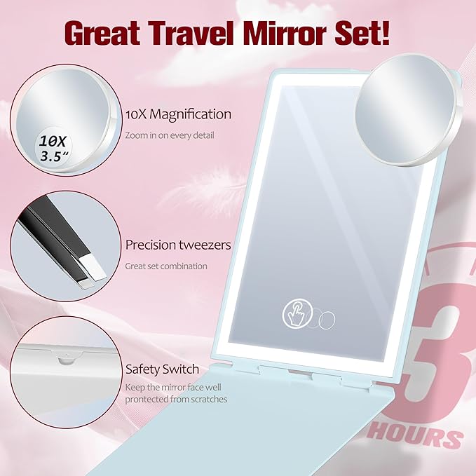 Travel Makeup Mirror with Lights Valentines Day Gifts for Her, Girlfriend, Wife, Birthday Gifts Rechargeable Portable Folding Compact LED Mirror Set with Tweezer 3 Color Light Modes-Cyan