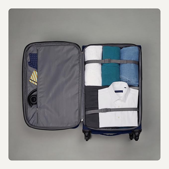 Amazon Basics 28" Large Checked Softside Expandable Suitcase with 360-Degree Multi-directional Spinner Wheels, Zippered Pockets, Telescoping Handle, Spacious, Navy Blue