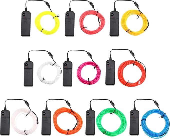15 Pack 16ft El Wire Neon Light Portable Cuttable Neon Glowing Battery Powered LED Lights Glow in The Dark with Battery Pack for Halloween Party