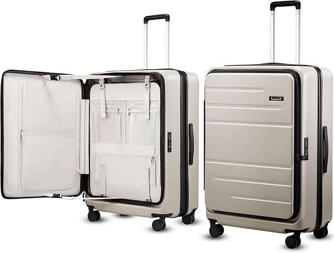 LUGGEX Checked Suitcase with Spinner Wheels, FLO5 Top Opening Expandable Polycarbonate Hard Shell Suitcase with TSA Approved Lock (FX-Core, Beige, 28 Inch)