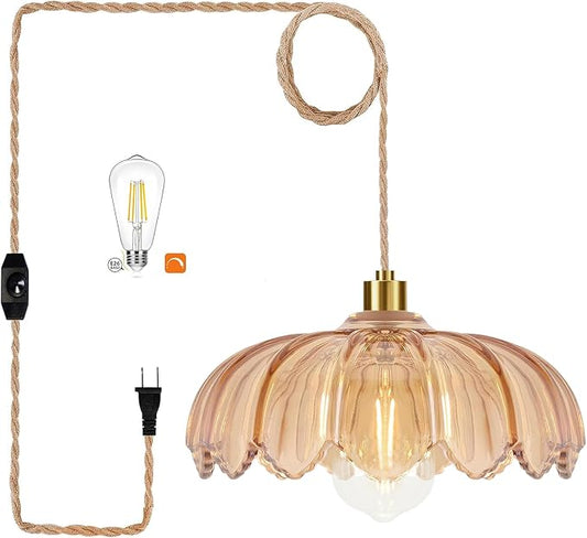 QIYIZM Plug in Pendant Light Hanging Lights with Plug in Cord Mid Century Modern Gold Hanging Lamp Glass Vintage Dimmable Flower Chandelier Ceiling Fixture for Living Room,Kitchen,Boho