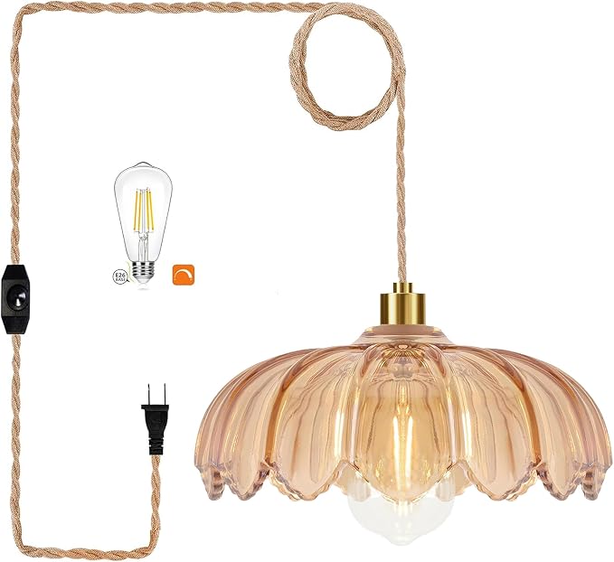 QIYIZM Plug in Pendant Light Hanging Lights with in Cord Mid Century Modern Gold Hanging Lamp Flower Glass Amber Vintage Dimmable Chandelier Ceiling Fixture for Living Room,Kitchen,Boho