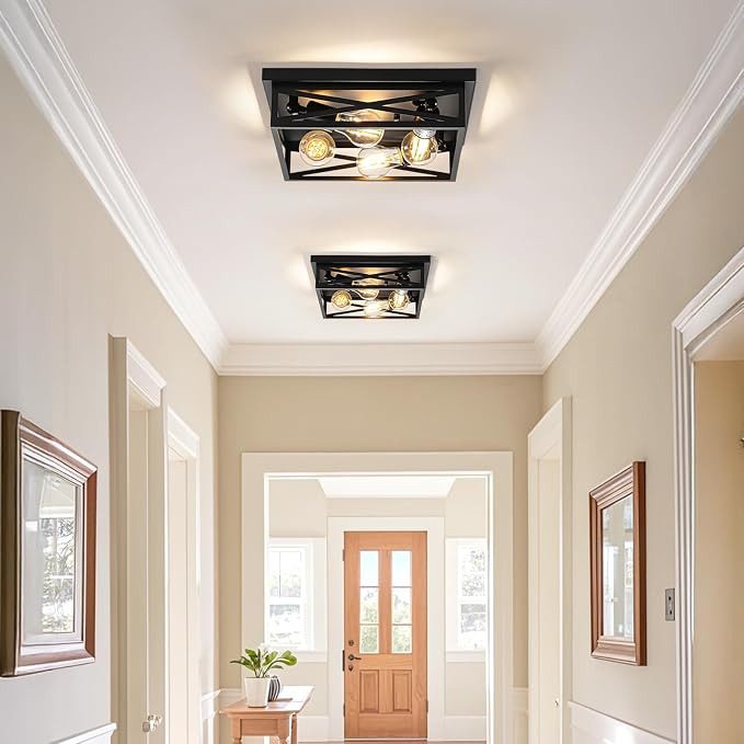 4-Light Flush Mount Ceiling Light Fixture, Kitchen Lights, Black Farmhouse Flush Mount Light Fixture, Metal Cage Closed to Ceiling Mounted Lights for Hallway Entryway E26 Base(1 Pack 13in)