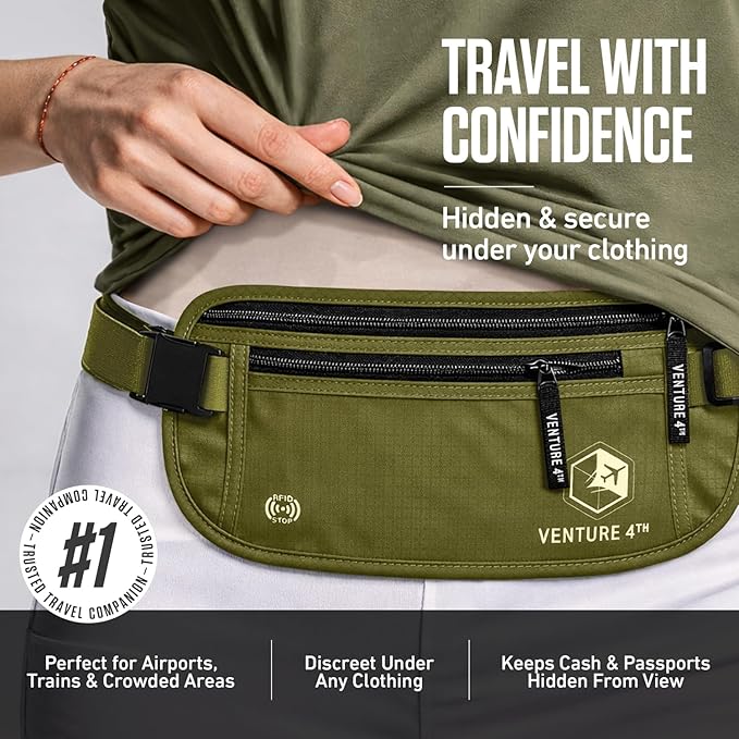 VENTURE 4TH Money Belt for Travel – Hidden Under-Clothes RFID Blocking Passport Holder & Slim Travel Wallet Pouch for Men & Women to Protect Cash, Cards & Documents (Green)