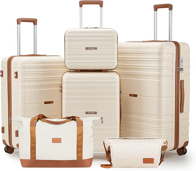 Luggage Sets 6 Piece with Spinner Wheels, Lightweight Hardshell Suitcase Set with TSA Lock, Carry On Checked Luggage Set with YKK Zippers (Beige, 6 piece sets（14/20/24/28/DB/TB）)