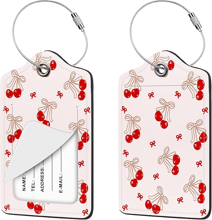2 Pcs Luggage Tag for Suitcases, Cherry Bows Cute PU Leather Suitcase Tag Privacy Cover ID Label with Metal Loop, Personalized Baggage Identifier for Women Cruise Bag Travel Essentials