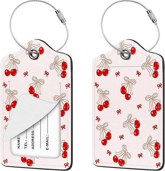2 Pcs Luggage Tag for Suitcases, Cherry Bows Cute PU Leather Suitcase Tag Privacy Cover ID Label with Metal Loop, Personalized Baggage Identifier for Women Cruise Bag Travel Essentials