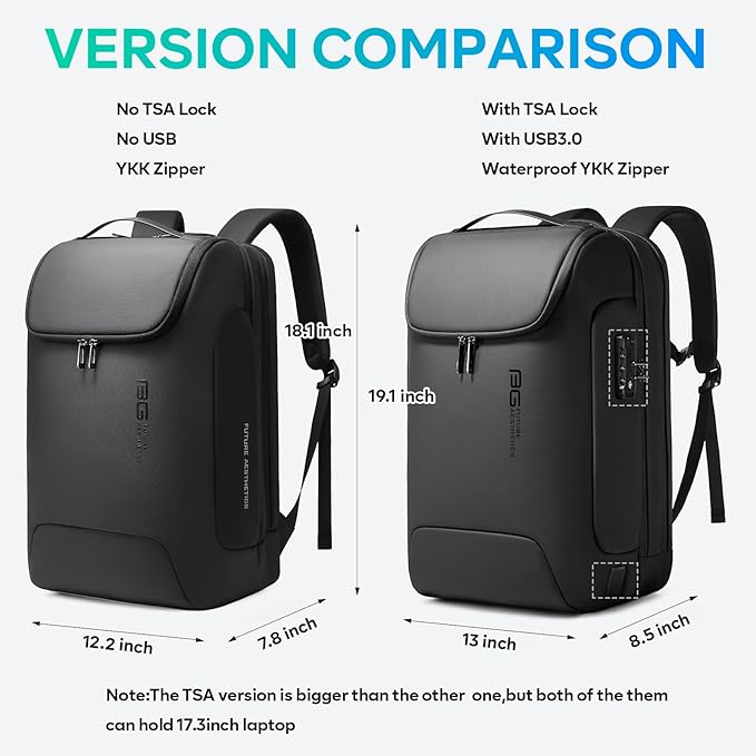 BANGE Men's Laptop Backpack for 17.3Inch Notebook,Waterproof Fashion Travel Backpacks,High Tech Backpack with Water Bottle, Work Business Backpacks for Men and Women