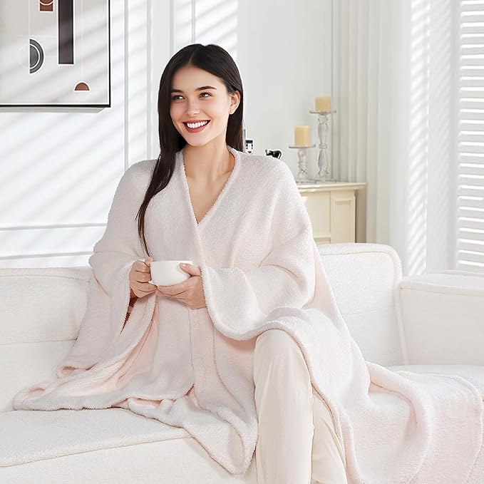 JOOJA Wearable Blanket Super Soft Feather Yarn Blanket Shawl with Pockets Fuzzy Throw Blanket TV Blanket for Adults Teens