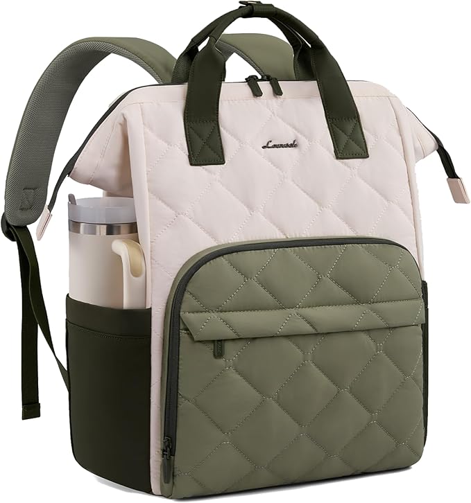 LOVEVOOK Laptop Backpack for Women, 17.3 inch Work Travel Backpack Purse, Puffer Quilted Laptop Backpack Casual Daypack for Nurse Teacher，Green and White