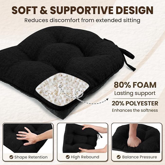 downluxe Indoor Chair Cushions for Dining Chairs, Tufted Overstuffed Textured Foam Kitchen Chair Pads with Ties and Non-Slip Backing, 15.5" x 15.5" x 4", Black, 4 Pack