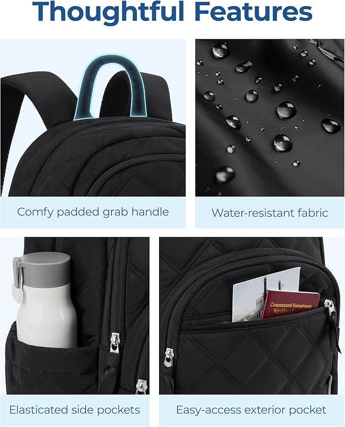 BAGSMART Travel Laptop Backpack, College Backpack for Women, Quilted Small Computer Bookbag, Water-Resistant 15.6 Inch Laptop Casual Bag, Black