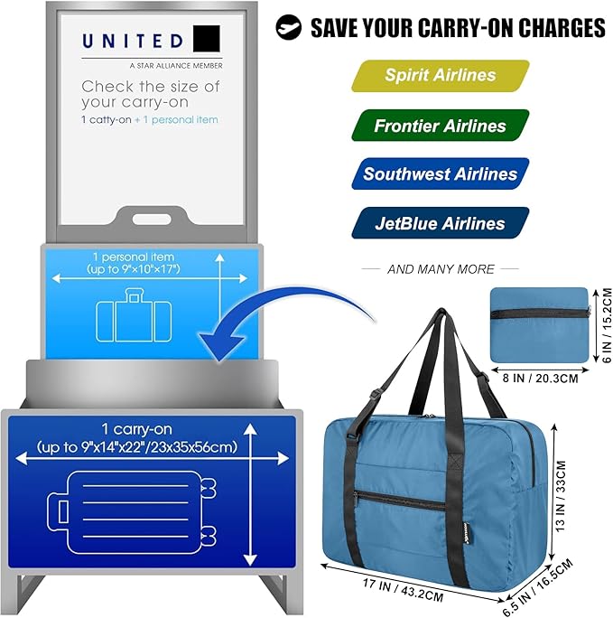 Foldable Travel Duffle Bag, Airlines Approved Carry On Bag Weekender Overnight Bag for Men Women, 23L (Airforce blue)