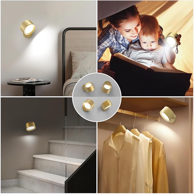 Racokky LED Wall Sconces 3 Pcs with Remote, Wall Lights 3000mAh Rechargeable Battery Operated, 3 Color Temperatures & Dimmable Wall Lamp Magnetic 360° Rotation Light for Bedroom Living Room(Gold)