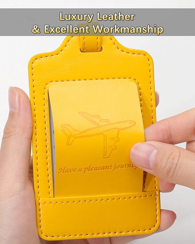 3 Pack Luggage Tags - Quick Install, Privacy Protection, Airplane Travel Essentials for Suitcases, Durable Leather - Yellow