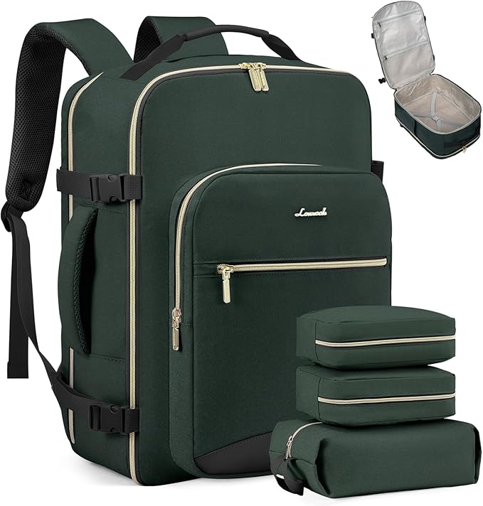LOVEVOOK Travel Backpack for Women & Men 50L,Airline Approved Carry On Backpack Travel Essentials,TSA Carry on Luggage,Waterproof Personal Item Travel Bag Suitcase,3 Packing Cubes,Dark green-Black-1