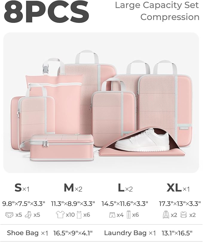 Percover Compression Packing Cubes 8-Piece Set, Packing Cubes Compression for Travel with Laundry Bag & Shoe Bag, Travel Organizer for Carry On & Checked Luggage, Pink
