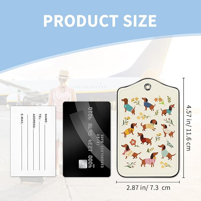 2 Pcs Dachshund Dog Floral Luggage Tag for Suitcases, Cute PU Leather Suitcase Tag Privacy Cover ID Label with Metal Loop, Personalized Baggage Identifier for Cruise Bag Travel Essentials