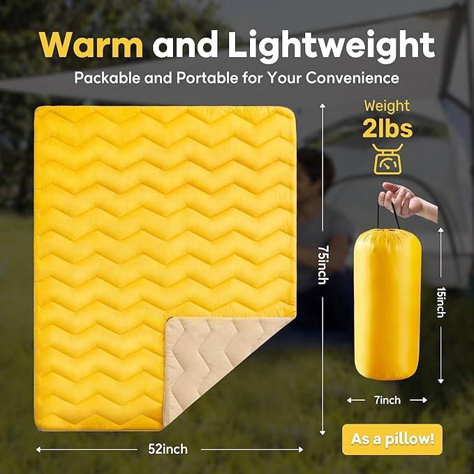 UNIKOME Waterproof Puffy Camping Blanket - Lightweight Packable Outdoor Quilt with Corner Loops, Warm Compact Blanket for Cold Weather Hiking Picnic Stadium Travel, 75"×52", Yellow