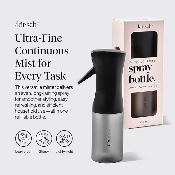 Kitsch Continuous Spray Bottle for Hair – Fine Mist Water Mister & Water Spray Bottle – Recycled Hair Spray Bottle – Spray Bottles for Cleaning, Styling, Plants & More – Black, 150ml