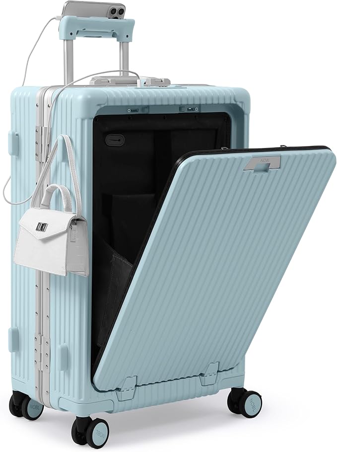Nobl Travel Zipperless Check In Suitcase - Aluminum Frame, Medium Check In luggage 27x17.5x10.4 Airline Approved by Noble Travel - Polycarbonate Shell - TSA Locks, 360° Spinner Wheels - Powder Blue