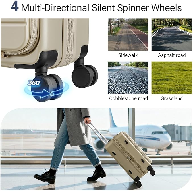 Carry On Luggage with Top Opening, Expandable with Front Pocket and USB Charging Port, Lightweight with Front Compartment Rolling Suitcases with Spinner Wheels (Khaki, 20 Inch)