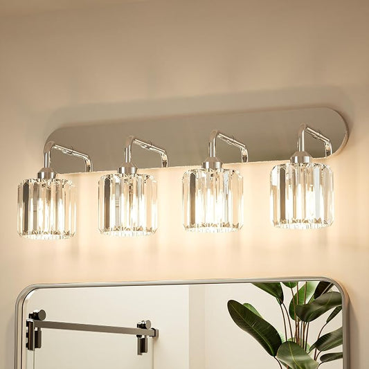 Keonjinn 4-Light Chrome Bathroom Light Fixtures Over Mirror, Crystal | Vanity Lighting Fixture with Crystal Square Shades, Dimmable, Modern Style, Compatible with E26 Base LED Bulbs (Exclude Bulb)