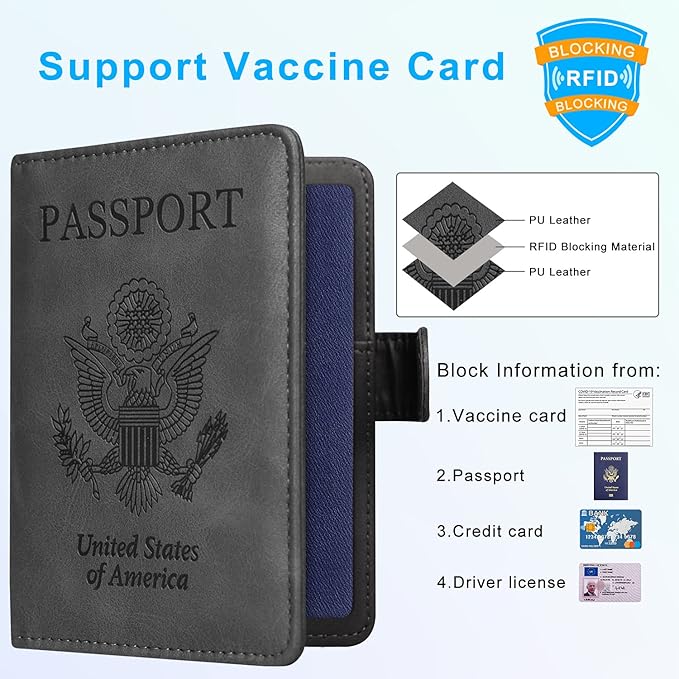 ACdream Passport and Vaccine Card Holder Combo, Cover Case with CDC Vaccination Card Slot, Leather Travel Documents Organizer Protector, with RFID Blocking, for Women and Men - Grey