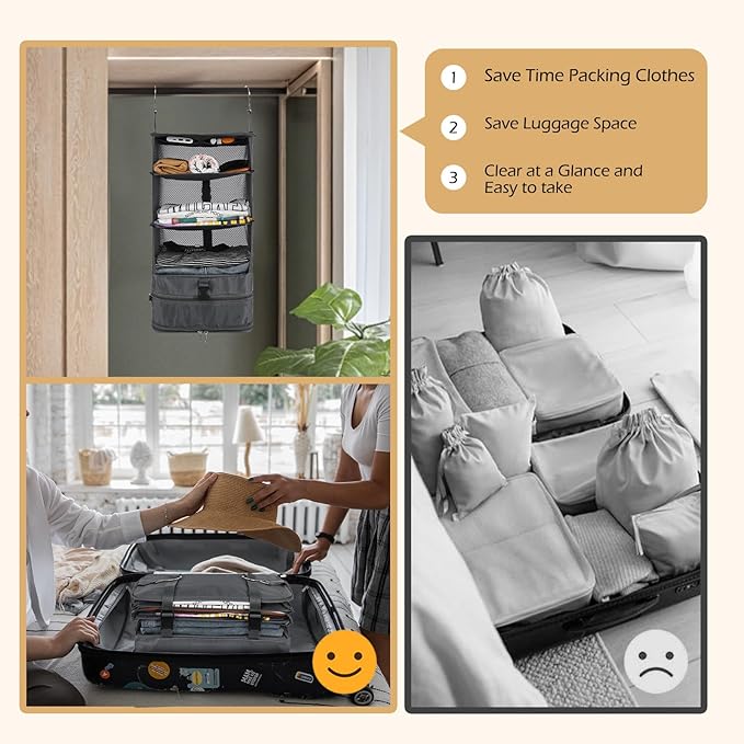 Surblue Hanging Closet Storage Bag Collapsible 3-Shelf Washable Oxford Fabric with 2 Hooks (L 11.41 * 11.41 * 19.68in, Grey)