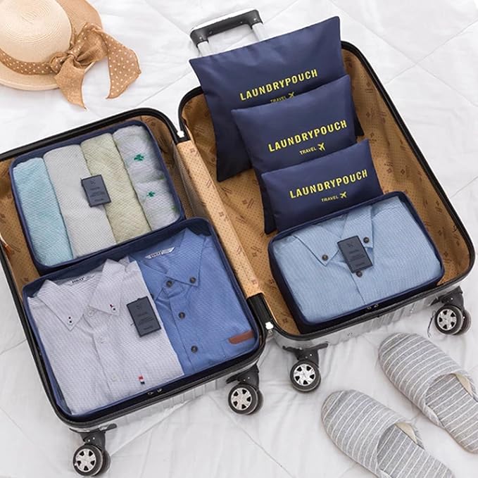 6 Set Packing Cubes for Travel Luggage Packing Bags Reusable Waterproof Suitcase Organizer Bags Set with Shoe Bag and Toiletry Bag (Navy Blue)
