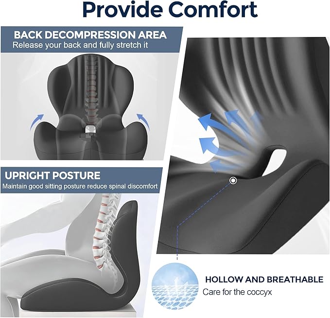 Seat Cushion for Office Chair and Car, L-Shaped Ergonomic Seat Cushions,Memory Foam Orthopedic Cushion with Coccyx Hollow,Lumbar Support & Tailbone Pain Relief for Car, Truck, Home,Gaming Chair,Gray