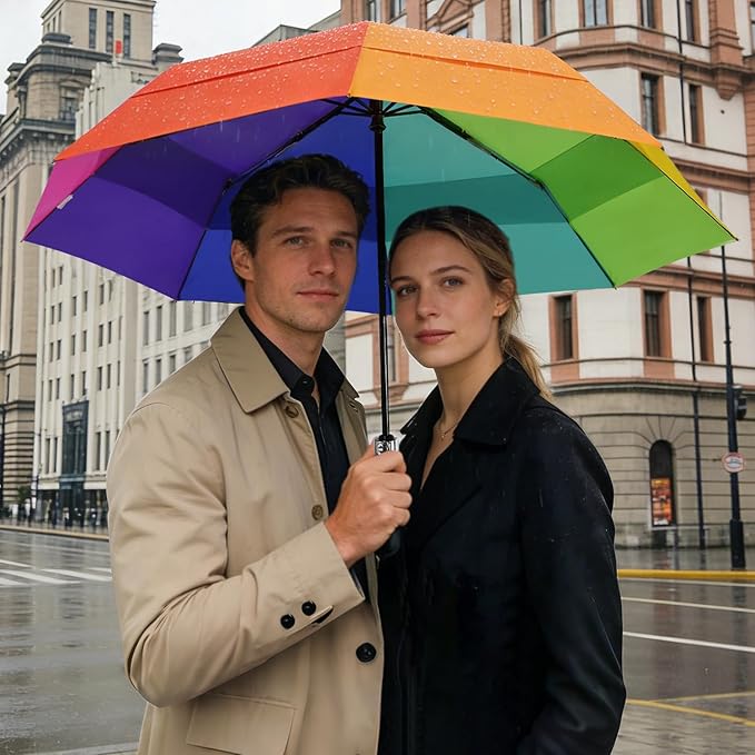 Lejorain Large Folding Golf Umbrella - Compact Mens Umbrellas Travel Rain and Windproof 54inch Collapsible Automatic Open Close Umbrella 210T Teflon Vented Double Canopy