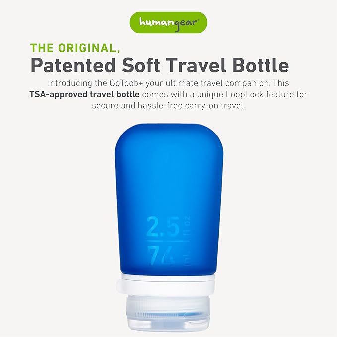 humangear GoToob+ (Medium) | Refillable Silicone Travel Bottle | Locking Lid | Food-Safe Material | Dark Blue, Medium (2.5 fl.oz.; 74ml)