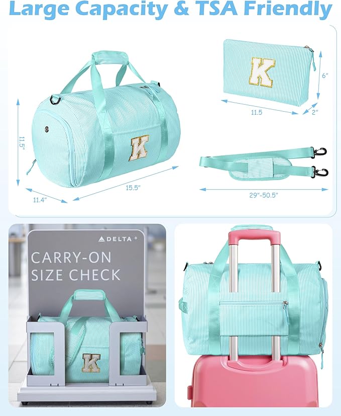 Gifts for 3 4 5 6 7 8 9 Year Old Girl, Girls Travel Duffle Bag, Kids Initial Overnight Bags with Shoe Compartment, Personalized Weekend Bag with Cosmetic Pouch, Preppy Stuff (Letter C)