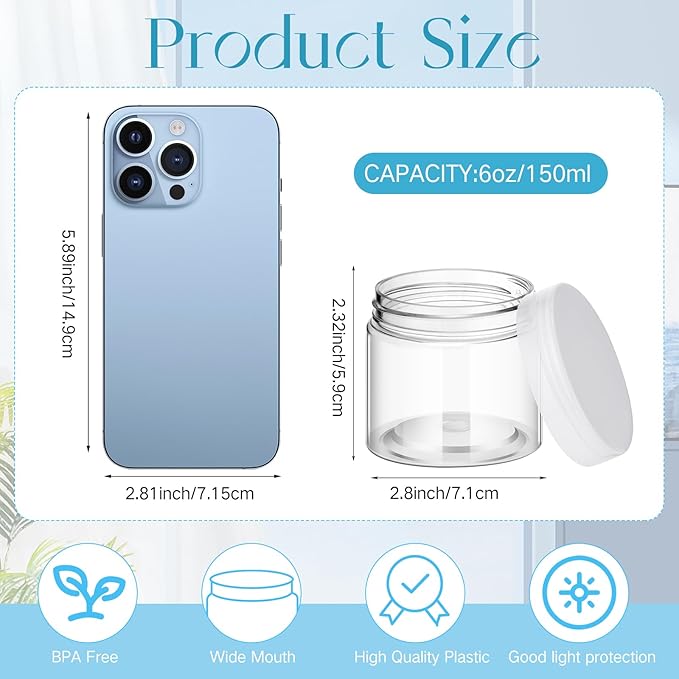 Patelai 4 Pieces Round Wide-mouth Leak Proof Plastic Container Jars with Lids for Travel Storage Makeup Beauty Products Face Creams Oils Salves Ointments DIY Making(6 Ounce,Clear)