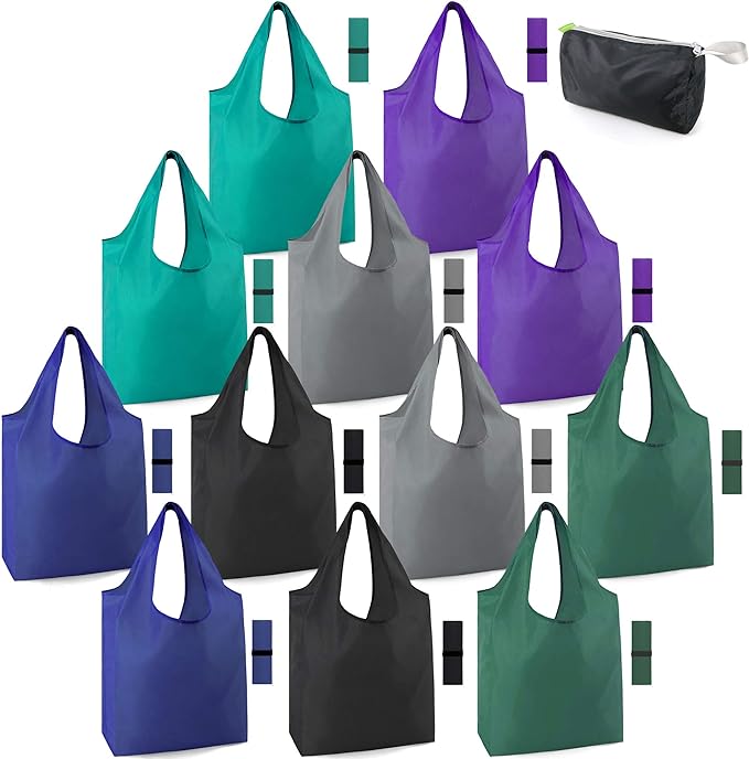 BeeGreen Reusable Bags for Shopping Machine Washable 12 Pack Xlarge Grocery bags Reusable Heavy Duty Folding with Elastic Band Colorful Tote Gift Bags Lightweight Durable Polyester