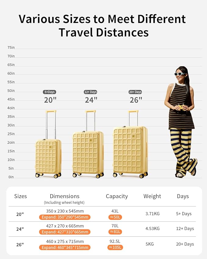 aji Expandable Top Opening 26 Inch Checked Luggage with Spinner Wheels, Large Suitcase with TSA Lock, Hard Shell Travel luggage Suitcases for Men Women, for 20+Days Travel, Cheese Yellow