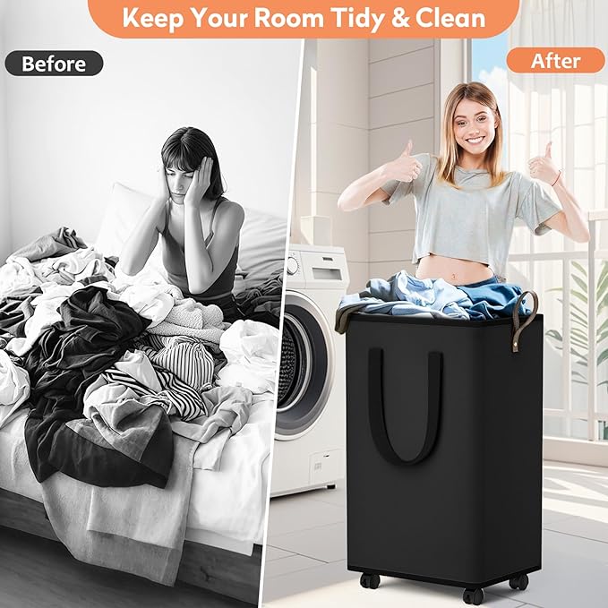 Laundry Basket with Wheels, Collapsible Laundry Baskets, Laundry Hamper with Handles Detachable Wheels, Rolling Laundry Basket, Dirty Clothes Hamper for Bathroom, Dorm, Bedroom, Black, 100L