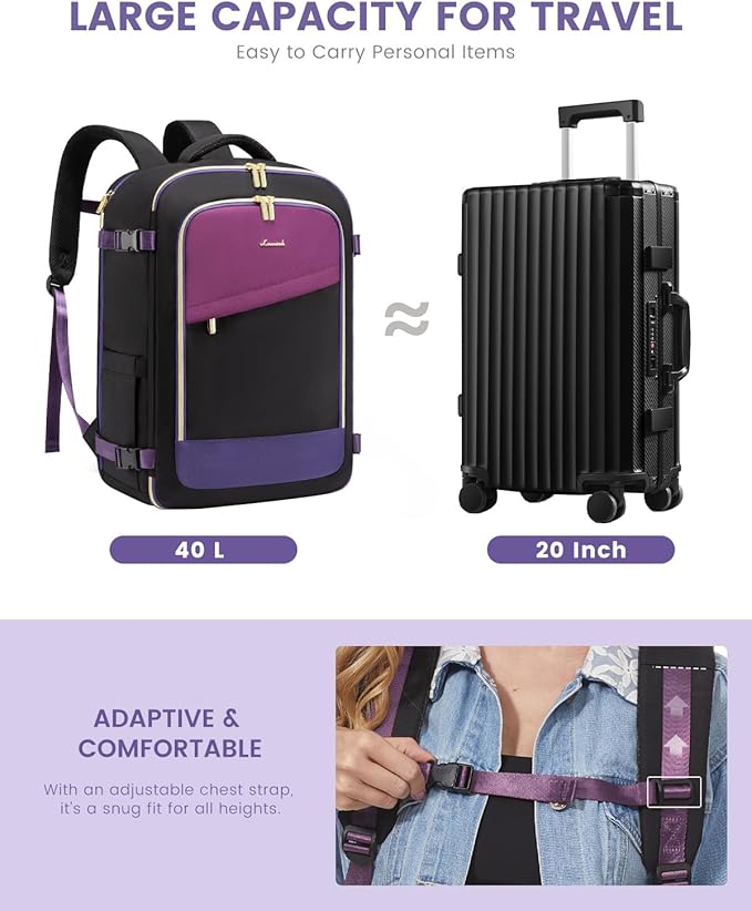 LOVEVOOK Travel Backpack for Women, 40L Carry On Backpack for Airplanes, Personal Item Bag for Airlines Fits 17 inch Laptop, TSA Approved Luggage with 3 Packing Cubes,Waterproof Weekender Gym Backpack