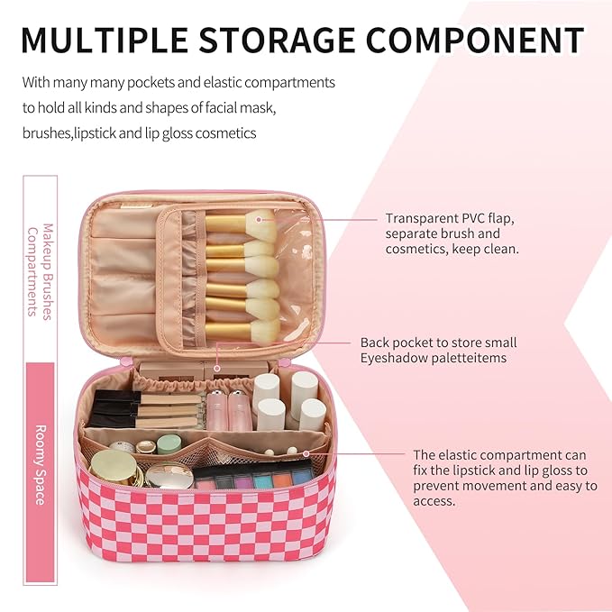 OCHEAL Makeup Bag Portable Cosmetic Bag For Women, Large Capacity Travel Makeup Case Organizer, Toiletry Bag for Girls Traveling With Handle and Divider-Pink