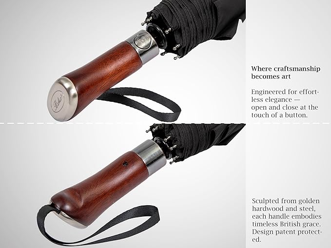 Balios (Designed in UK) Travel Umbrella Luxurious Golden Hardwood Handle Auto Open & Close Windproof Frame Single Canopy Automatic Folding Umbrella Men's & Ladies